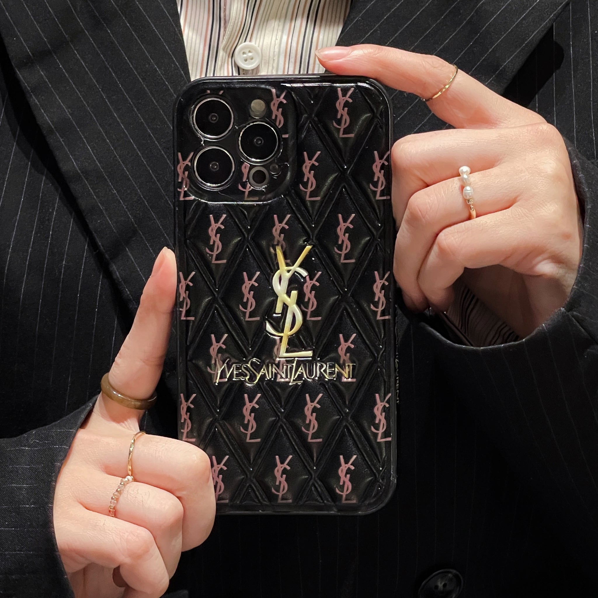 YSL Luxury Leather iPhone Case Diamond Grid