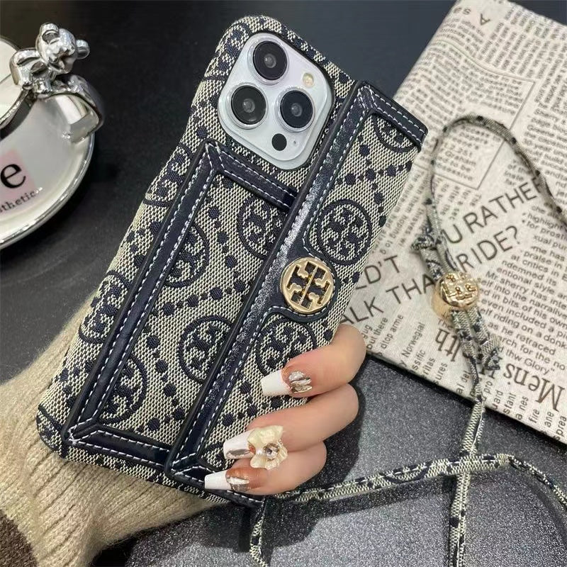 TB Retro Fabric iPhone Wallet Case With Crossbody Strap