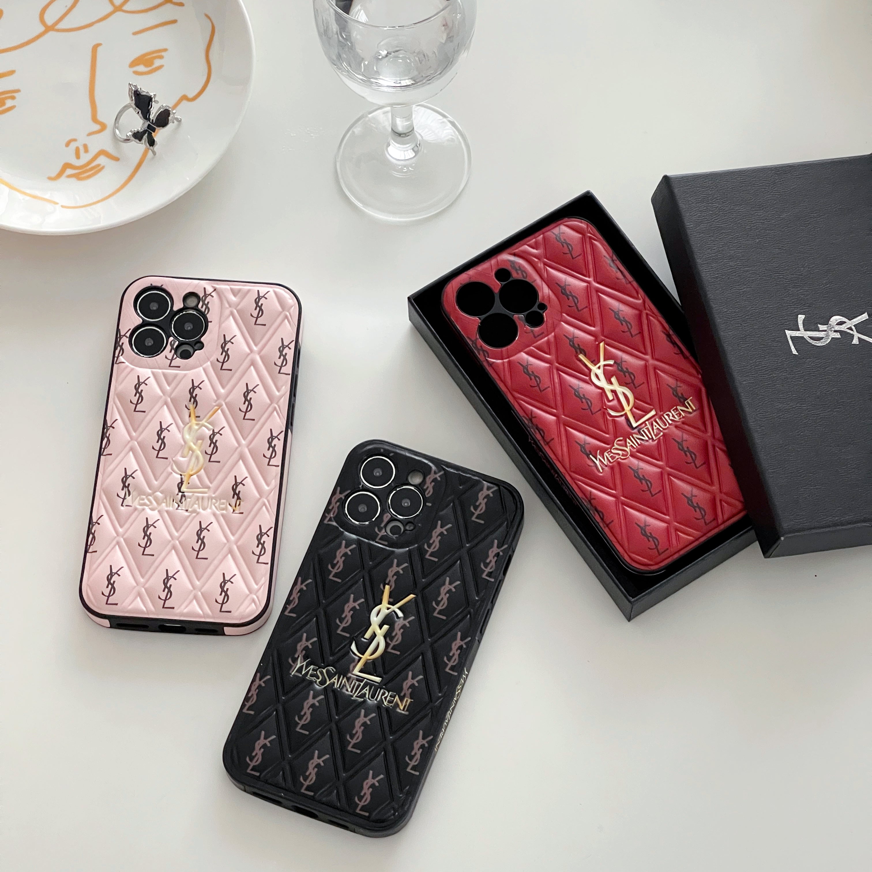 YSL Luxury Leather iPhone Case Diamond Grid