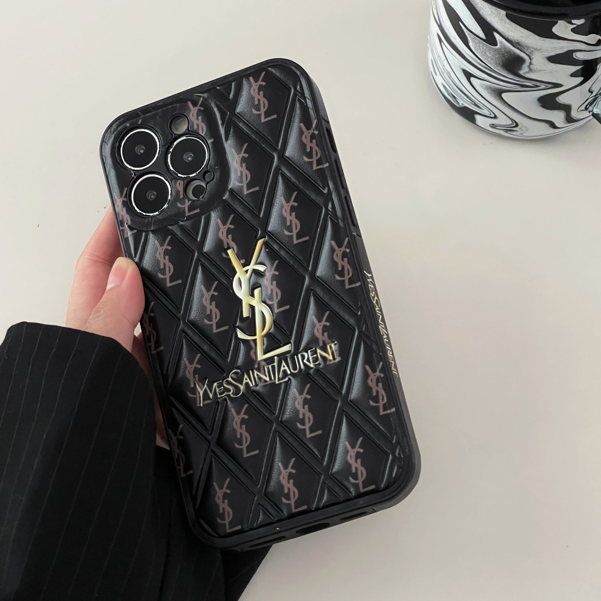 YSL Luxury Leather iPhone Case Diamond Grid