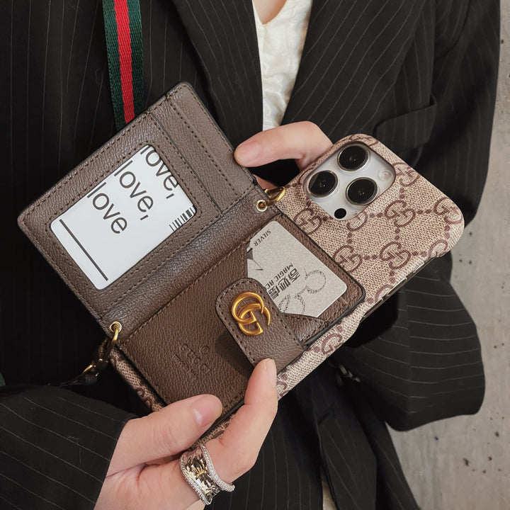 GG Luxurious leather iPhone Case With Wallet And Crossbody Strap