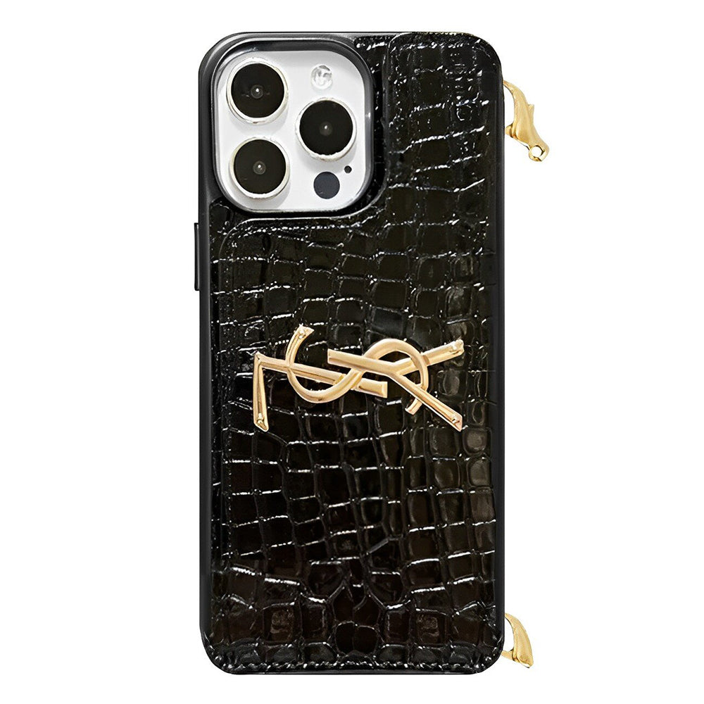 YSL Faux Croc Leather iPhone Wallet Case With Crossbody Strap