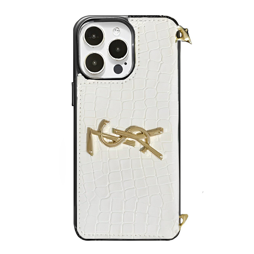 YSL Faux Croc Leather iPhone Wallet Case With Crossbody Strap