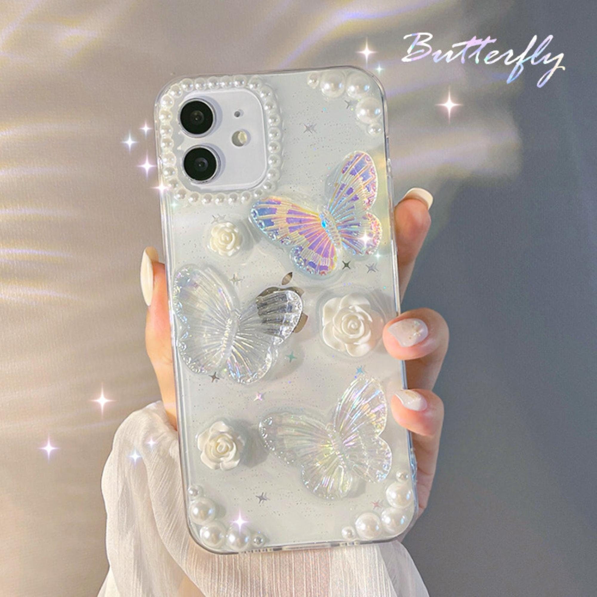 3D Abstract Crystal Laser iPhone Case White Butterflies