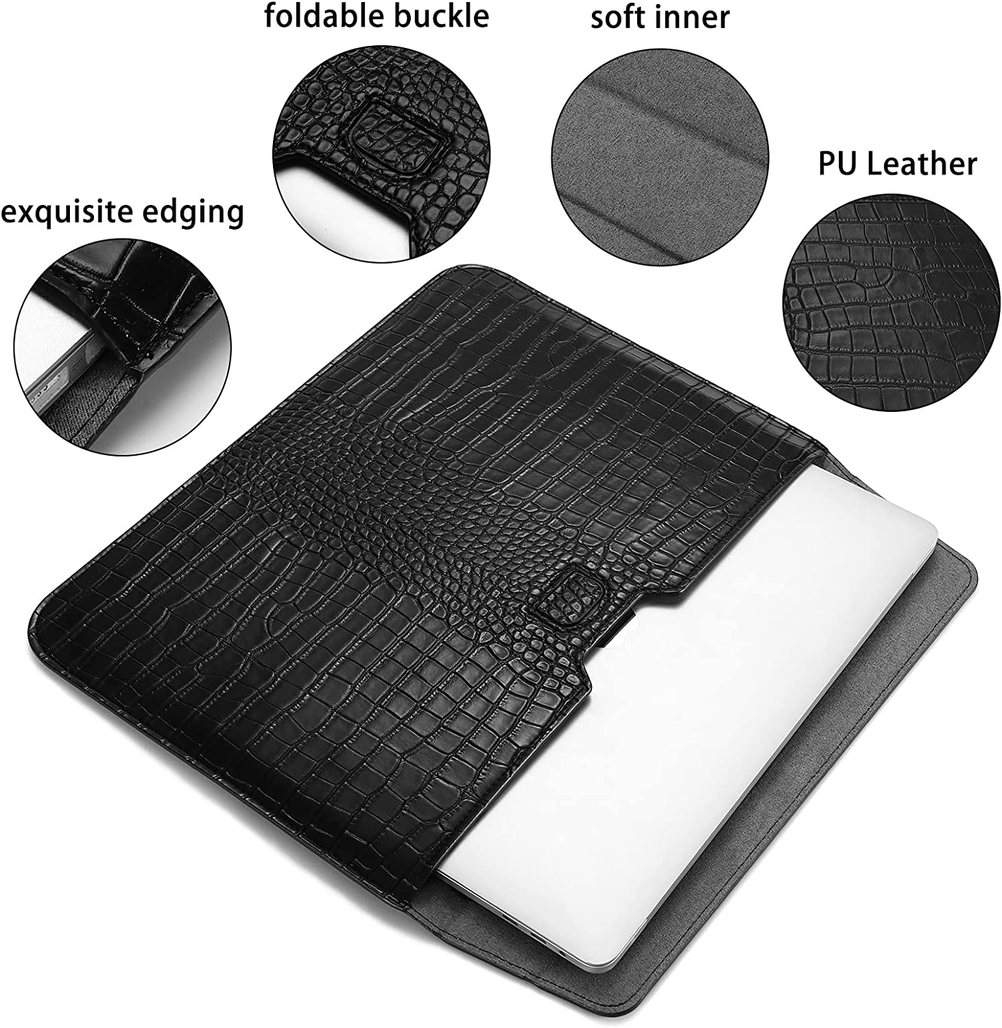 Black Faux Crocodile Laptop Sleeve Case
